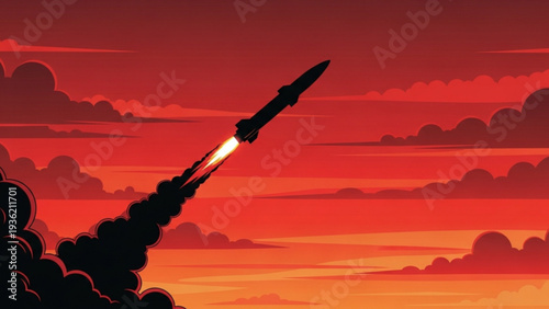 Rocket Launching into the Vibrant Orange and Red Sunset Sky with Dramatic Clouds and Smoke Trails, viewed from a Low Angle, '85.svg' Illustration