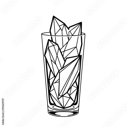 Abstract geometric ice cubes in a tall glass, a modern black outline vector illustration. This minimalist drawing is perfect for beverage, cocktail, or cold drink designs, featuring a clean graphic on