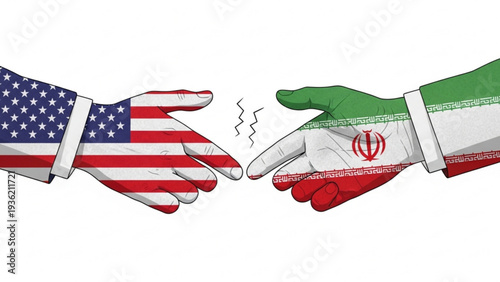 Two hands with USA and Iran flags painted on them about to touch fingers, symbolizing diplomatic relations and international cooperation between the two nations in a vector illustration