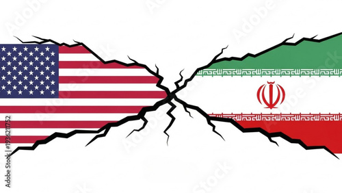 Fractured Relations Between United States and Iran Flags Illustrated in Cracked Earth