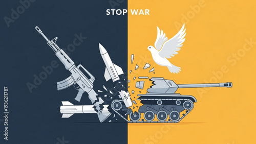 Stop war illustration depicting broken weapons and tank with dove symbolizing peace