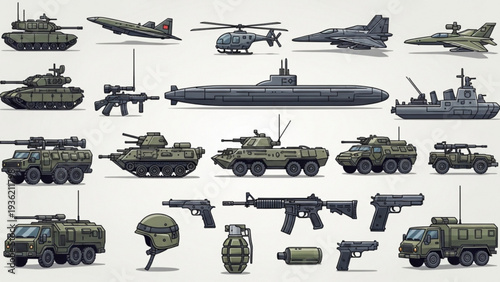 Collection of Military Vehicles, Aircraft, and Equipment Illustrated in Various Positions