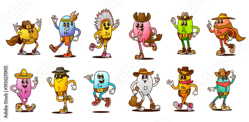 Cartoon groovy micronutrient and vitamin characters. Funky groovy pills vector personages of multivitamin Wild West cowboy, sheriff and Western bandit. Retro groovy vitamin characters with cowboy hats