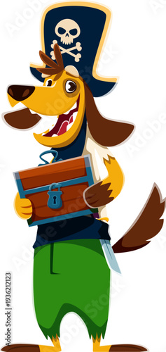 Cartoon dog animal pirate vector character clutches a wooden chest with a padlock. Corsair dressed in green pants, dark vest, and a tall blue hat with crossbones. Cute pet personage for kids party