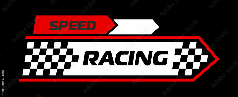 Fototapeta premium Race car, motocross sport sticker or label. Rally motorsport emblem patch, car race championship decal vector label. Motorcycle racing sticker with checkered pattern, red arrows and typography