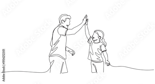 Minimalist One Line Art Illustration Capturing a Father and Daughter Sharing a Joyful High-Five Moment of Achievement and Connection