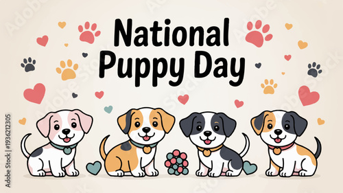 Four cute puppies celebrate national puppy day with hearts and paw prints on beige background