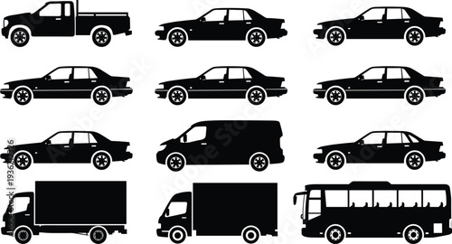 Black vector silhouette collection of various transport vehicles including sedan cars delivery trucks bus and van isolated on white background for urban traffic design