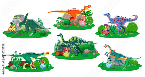Dinosaur mothers with kids in eggshells, vector prehistoric animal families. Cartoon cute babies and happy moms dino characters set, eggs and trees. Funny jurassic dinosaur mothers and kids in jungle