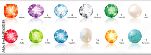 反射付き誕生石セット 1〜12月 カラフル宝石アイコン（背景透過PNG）
