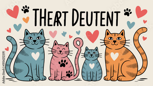 Four cute cats with hearts and paw prints surrounded by colorful hearts