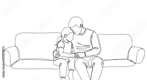 Heartwarming illustration of a parent and child sharing a tender moment of comfort and love on a sofa, depicting a strong family bond and emotional support