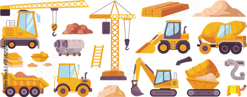 Construction machinery and equipment vector illustration set with crane, excavator, bulldozer, dump truck and building materials isolated on background
