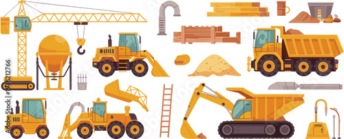 Construction equipment and heavy machinery vector set with crane, excavator, loader, dump truck and building materials illustration
