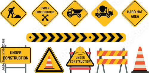 Construction warning signs and roadwork safety symbols vector set with under construction boards, barriers, cones and hard hat