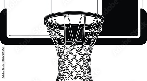 Basketball Hoop with Net and Backboard Silhouette, Sports Equipment Icon, Black and White, Cad Drawing Flat Vector Illustration, Court Goal