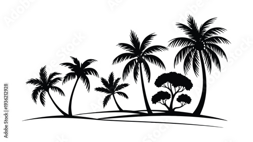 Tropical island palm tree silhouette vector illustration, beach landscape scene with coconut trees for summer vacation, travel branding, seaside relaxation, and paradise design