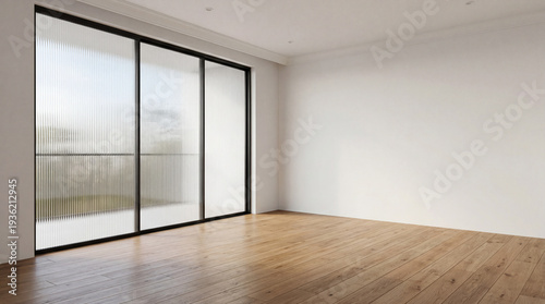Modern minimal living room featuring wood floor with a large window elegant contemporary white room ,Color of the Year 2026 – Cloud Dancer ,copy space ,empty room.3Drender
