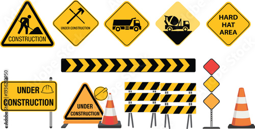 Construction warning signs vector set with under construction boards, hard hat area symbols and traffic safety barriers