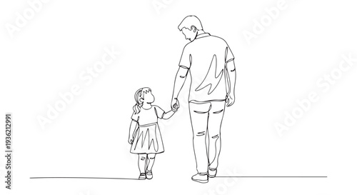 A minimalist continuous line drawing depicting a father and his daughter walking hand in hand, symbolizing family love, parental guidance, and childhood bonding