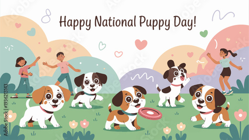 Happy national puppy day cartoon puppies playing with children outdoors in a colorful park with flowers and frisbee