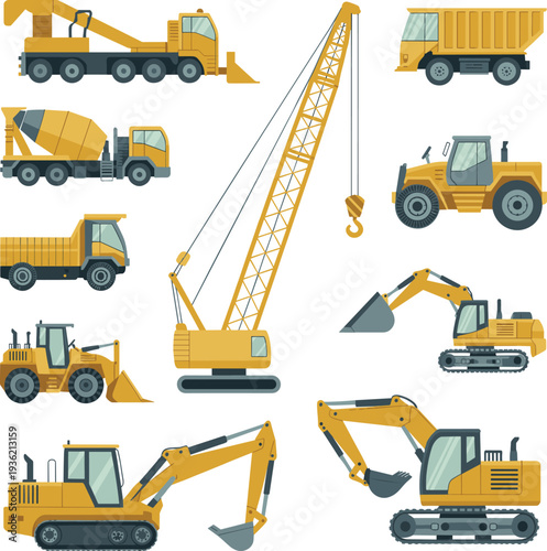 Heavy construction machinery vector illustration set with excavators, cranes, dump trucks, loaders and industrial equipment collection
