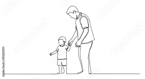 A man and a child walk together, representing paternal love and a child's first steps