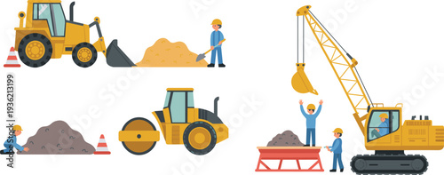 Construction workers operating heavy machinery vector illustration with loader, crane, road roller and building site activity