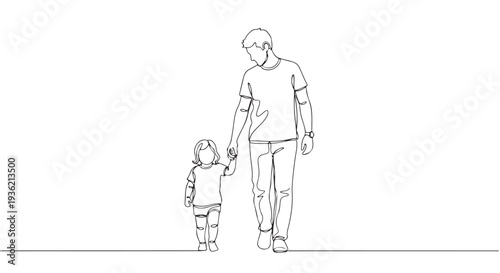 A father and child walking hand in hand, a simple line drawing illustration symbolizing love and connection