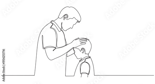 Father comforting his son by gently placing his hand on his head, a gesture of love and support