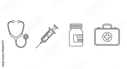 Minimal Single Line Medical Icon Set, 4 Objects Stethoscope Syringe Medicine Bottle First Aid Kit