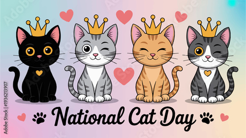 Four adorable cats wearing crowns celebrate national cat day with hearts on a pastel background