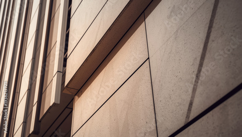 Minimalist concrete facade with angled panels and warm light