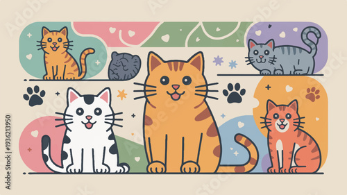 Colorful cartoon cats sitting in rows with paw prints and stars on a multicolored background with rounded shapes