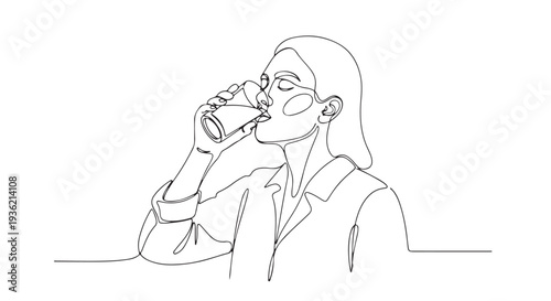 A woman enjoys a refreshing drink in a single line drawing illustration