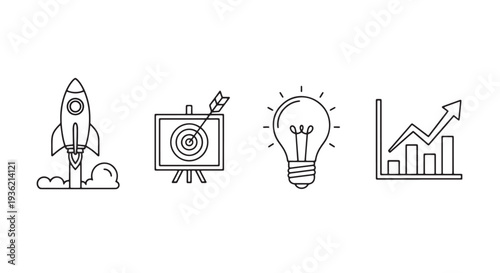 Minimal Monoline Business Icon Set, 4 Objects Rocket Launch Light Bulb Target Growth Chart Outline
