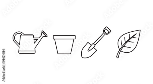 Simple Single Line Gardening Icon Set, 4 Objects Watering Can Flower Pot Shovel Leaf Outline Stroke