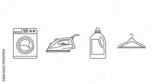 Minimal Single Line Laundry Icon Set, 4 Objects Washing Machine Iron Detergent Bottle Hanger Outline