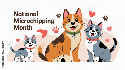 Three cats with collars and tags surrounded by hearts and paw prints for national microchipping month