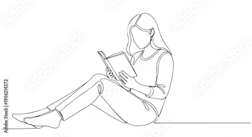 Minimalist continuous line drawing of a young woman engrossed in reading a book, symbolizing quiet study, intellectual growth, and relaxation