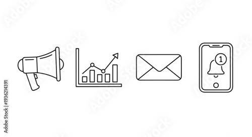 Simple Monoline Marketing Icon Set, 4 Objects Megaphone Chart Email Envelope Smartphone Notification