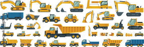 Isometric construction vehicle collection featuring excavators, dump trucks, loaders and heavy machinery equipment for industrial building and mining operations