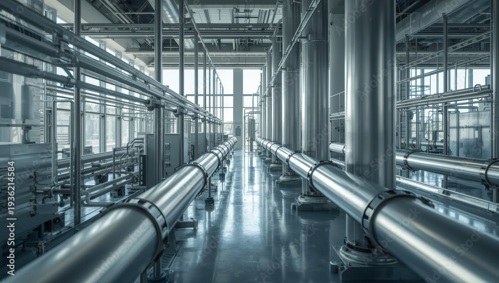 Obraz premium Stainless steel pipeline corridor industrial production hall with reflective floor and columns