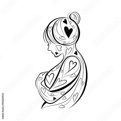 Abstract vector illustration of a girl with flowing hair and heart patterns for Valentine's Day or love theme designs and backgrounds thirty six words.