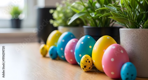 Vibrant easter eggs decorating a wooden table on easter sunday morning
