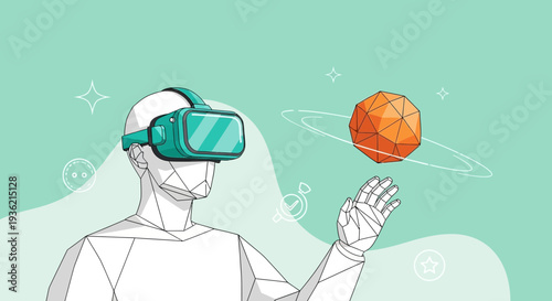 Man Wearing Virtual Reality Headset Interacting with Globe.