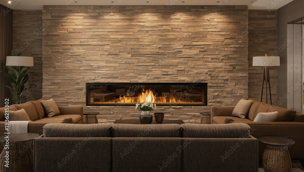 Naklejka premium Modern living room with linear fireplace, warm stone wall and cozy seating arrangement