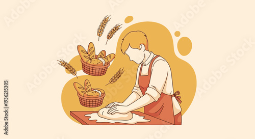 Woman Baking Bread in Kitchen Illustration.
