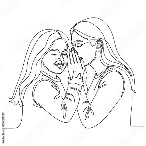 Continuous line art illustration of two women whispering to each other with hands together in friendship gesture