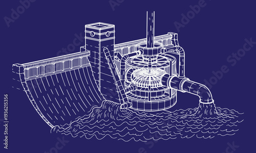 Hydroelectric Dam with Turbines Vector Illustration, Renewable Energy Power Plant Black Line Art, Hydropower Station Engineering Outline Drawing, Water Electricity Generation Industrial Infrastructure